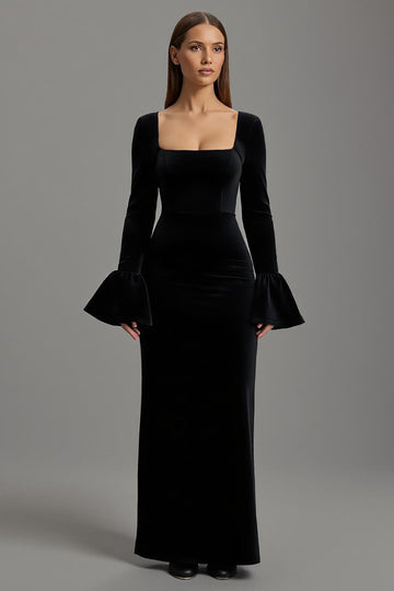 Robe longue formelle fourreau en velours noir avec gaines